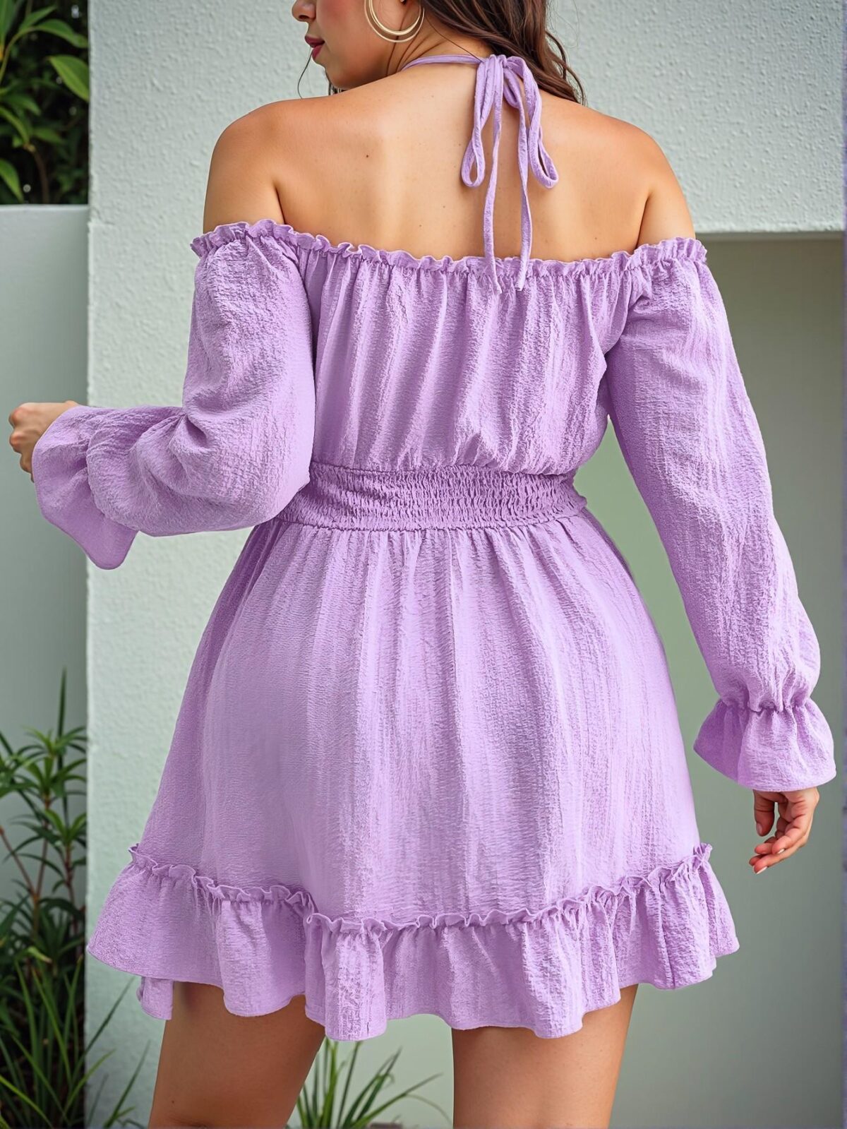 Elegant Mauve Purple Boho Cold Shoulder Long Sleeve Tie Waist Dress for Holidays - Chic, Classy and Trendy Fashion Style to Dress to Impress - Image 2
