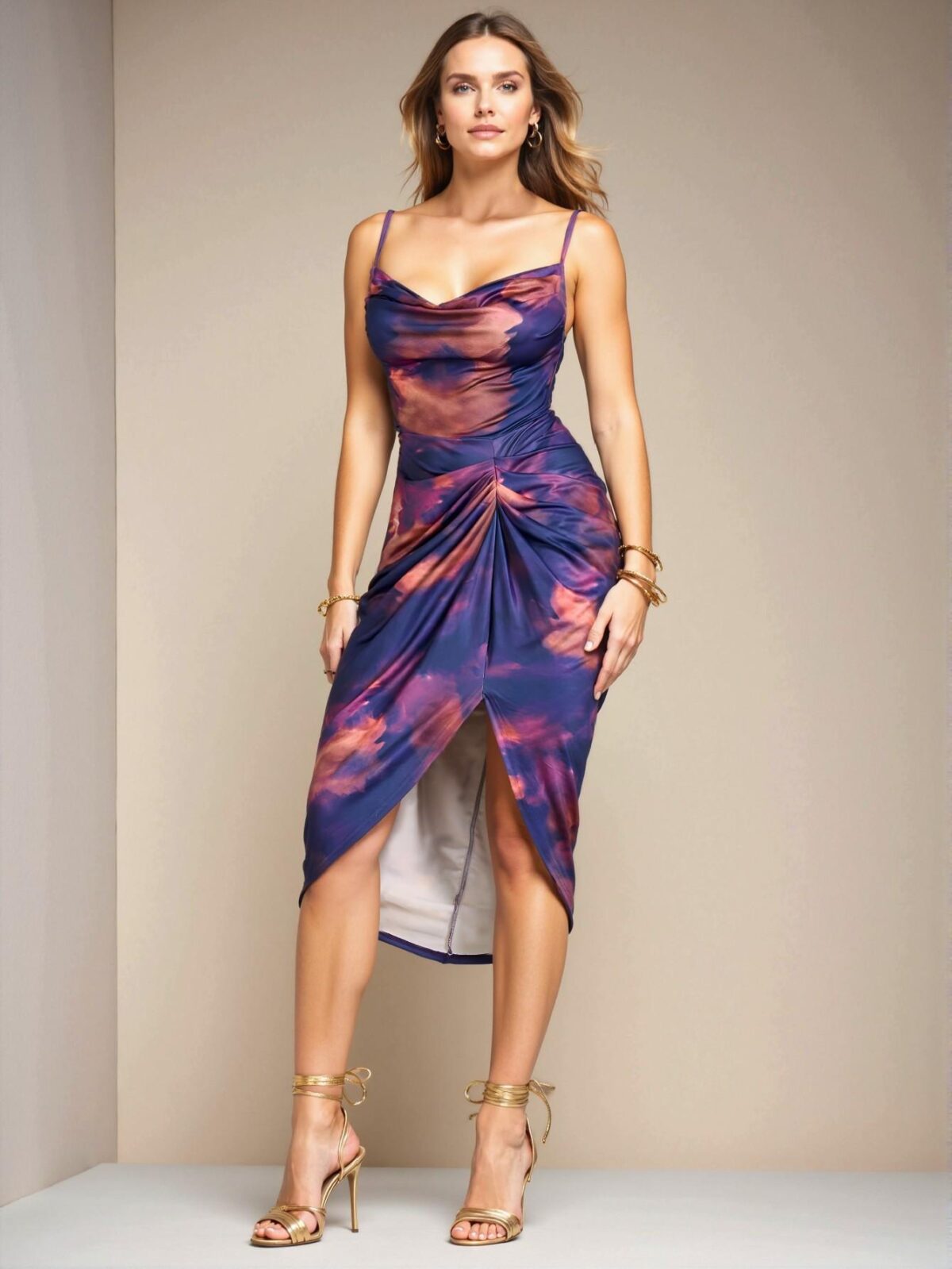 Elegant Purple Stylish V-Neck Color Block Tie Dye Print Backless Midi Dress with Split Hem for Spring and Summer - Chic, Classy and Trendy Fashion Style to Dress to Impress - Image 5