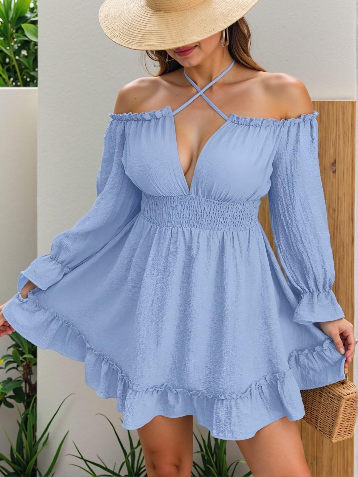Elegant Baby Blue Off Shoulder Flounce Sleeve A-Line Summer Dress – Chic, Classy and Trendy Fashion Style to Dress to Impress