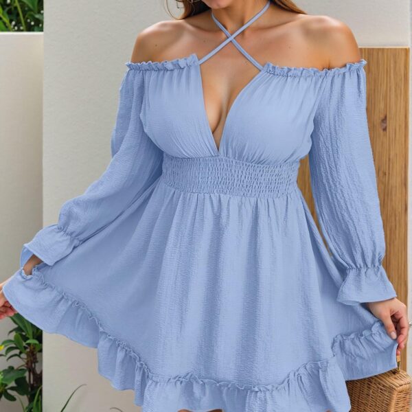 Elegant Baby Blue Off Shoulder Flounce Sleeve A-Line Summer Dress – Chic, Classy and Trendy Fashion Style to Dress to Impress