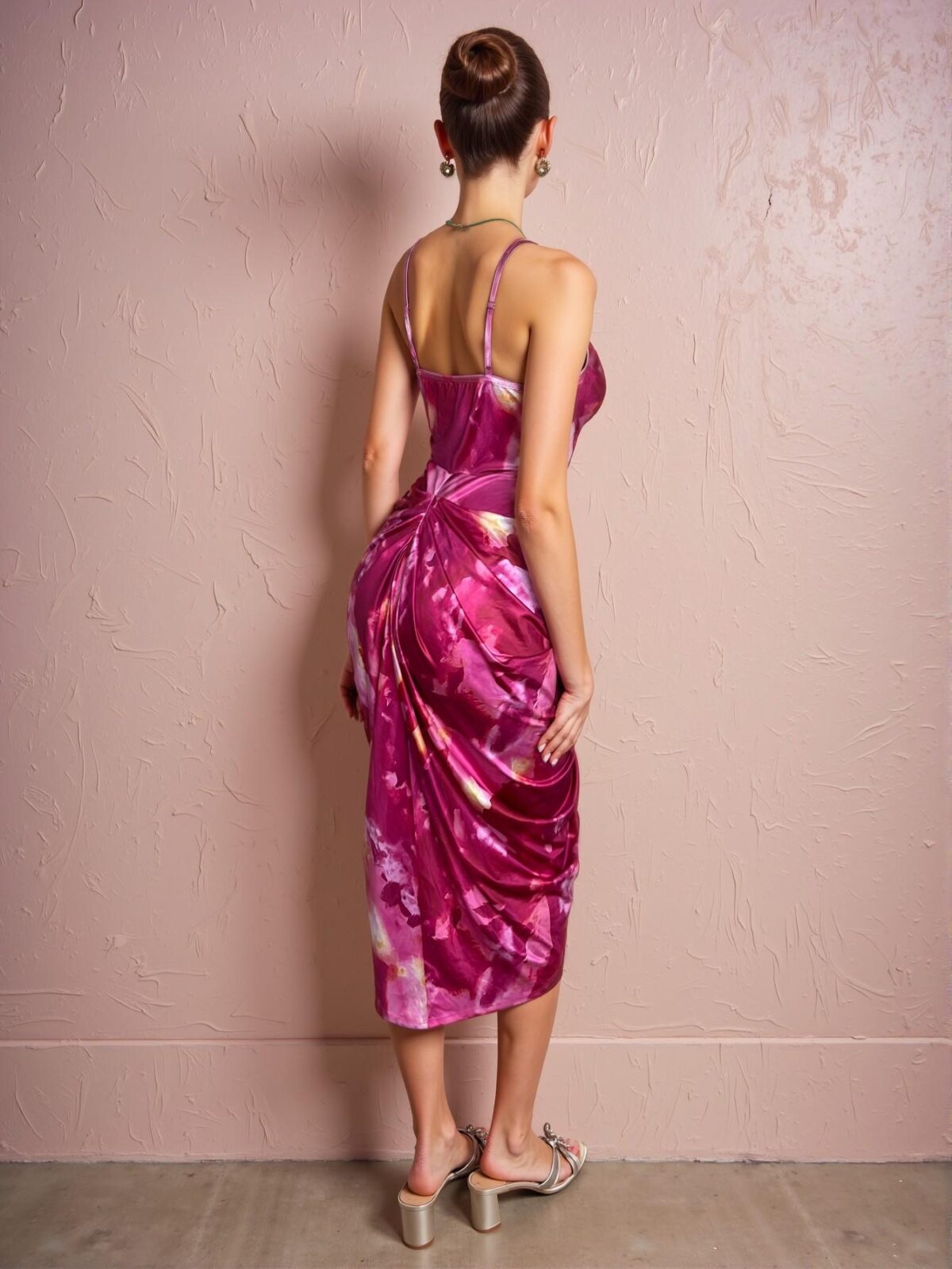 Elegant Hot Pink Stylish V-Neck Tie Dye Midi Dress Perfect for Back to School and Spring/Summer Parties - Chic, Classy and Trendy Fashion Style to Dress to Impress - Image 2