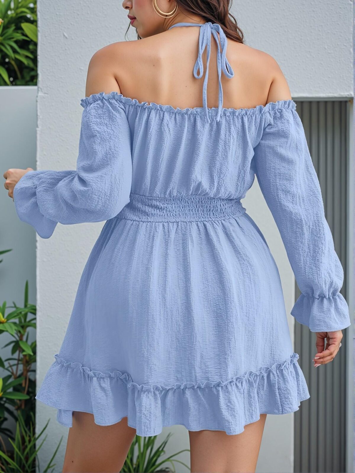 Elegant Baby Blue Off Shoulder Flounce Sleeve A-Line Summer Dress – Chic, Classy and Trendy Fashion Style to Dress to Impress - Image 2