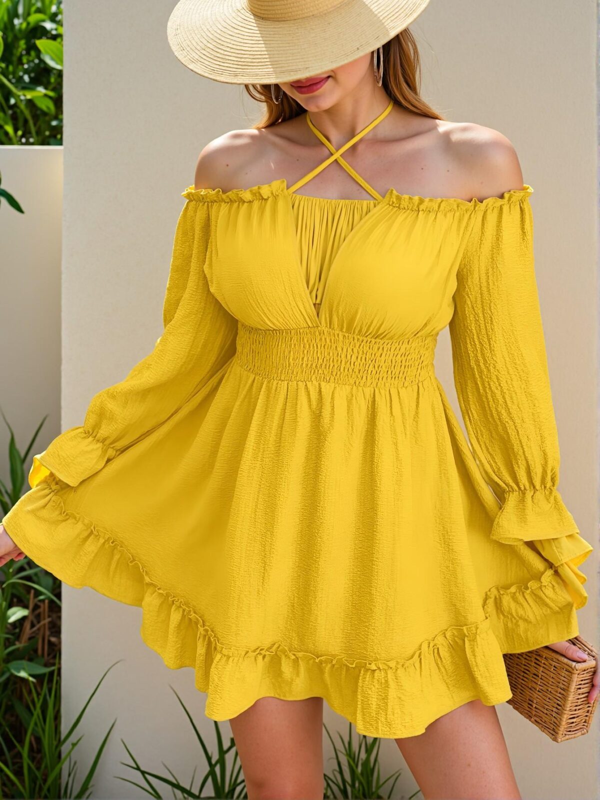 Elegant Yellow Flare Sleeve High Waist A-Line Dress with Ruffle Hem for Summer Chic, Classy, and Trendy Fashion Style to Dress to Impress