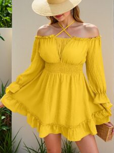 Elegant Yellow Flare Sleeve High Waist A-Line Dress with Ruffle Hem for Summer Chic, Classy, and Trendy Fashion Style to Dress to Impress