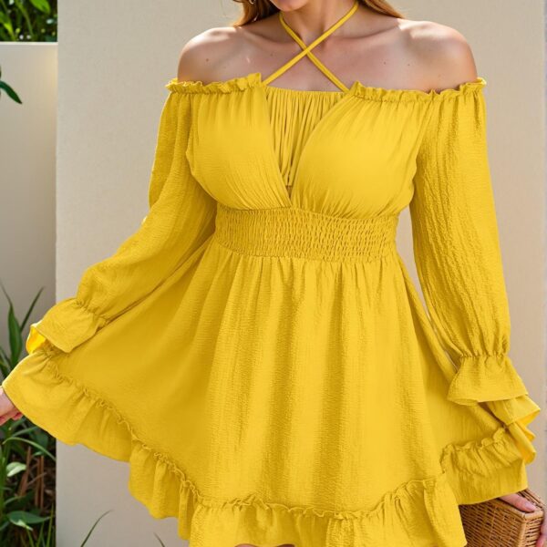 Elegant Yellow Flare Sleeve High Waist A-Line Dress with Ruffle Hem for Summer Chic, Classy, and Trendy Fashion Style to Dress to Impress