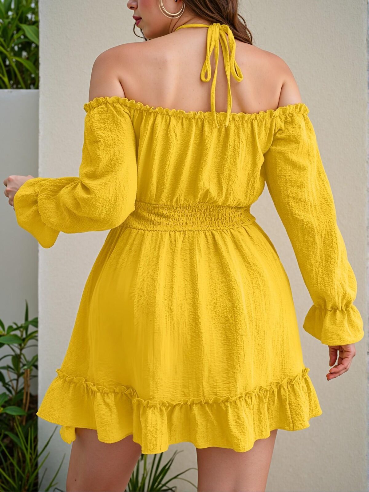 Elegant Yellow Flare Sleeve High Waist A-Line Dress with Ruffle Hem for Summer Chic, Classy, and Trendy Fashion Style to Dress to Impress - Image 2