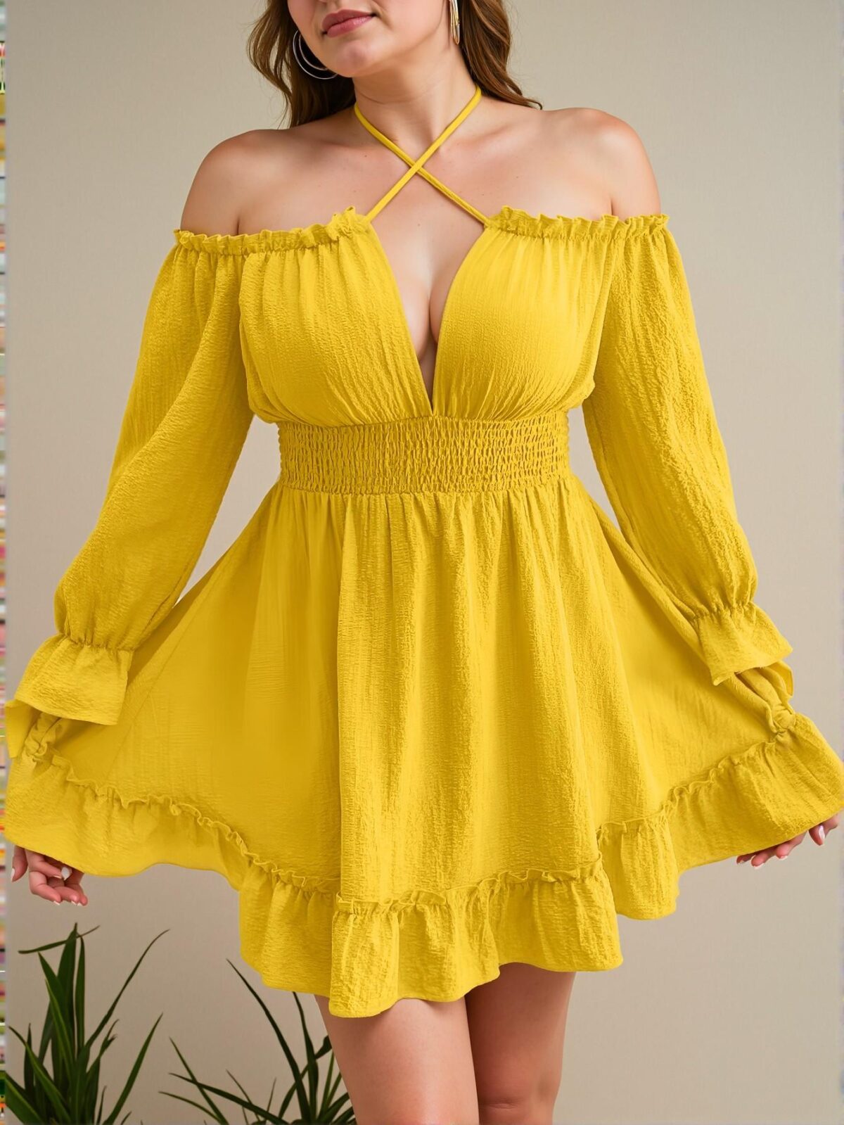 Elegant Yellow Flare Sleeve High Waist A-Line Dress with Ruffle Hem for Summer Chic, Classy, and Trendy Fashion Style to Dress to Impress - Image 3