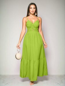 Elegant Green Bohemian A-Line Cami Long Dress with Pleated Backless Design for Vacation Getaways "Chic, Classy and Trendy Fashion Style to Dress to Impress"