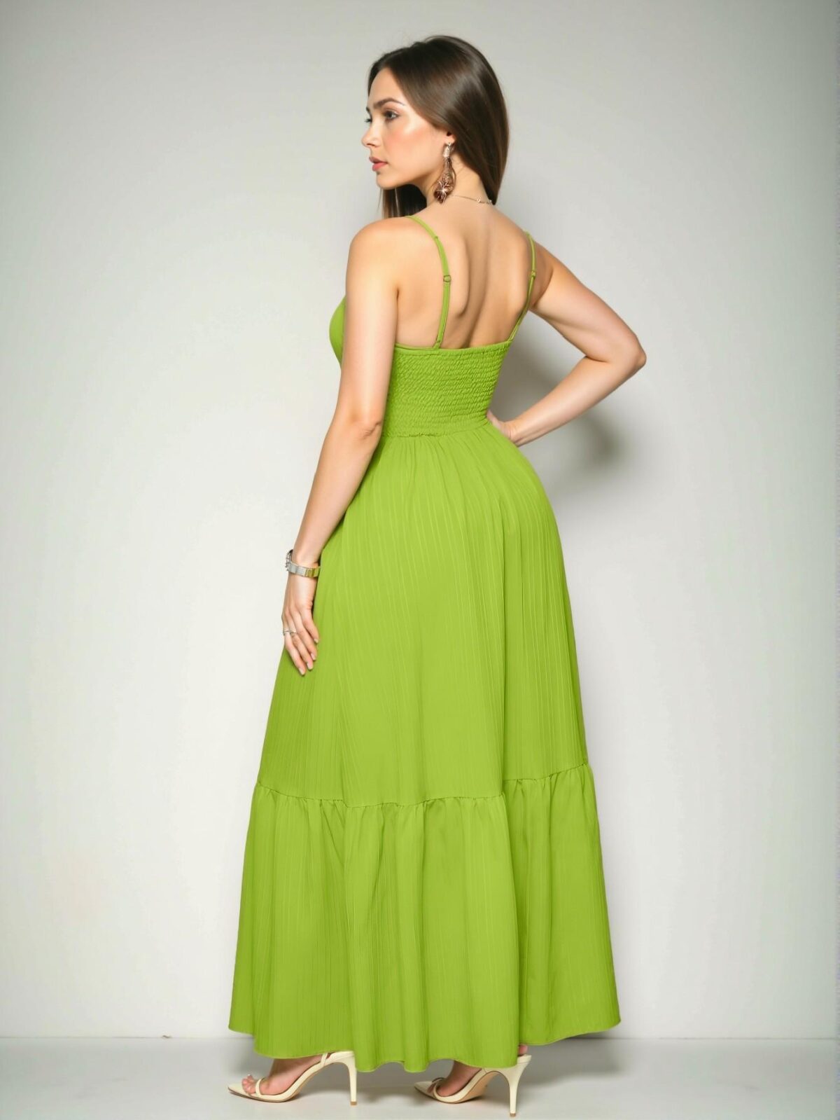 Elegant Green Bohemian A-Line Cami Long Dress with Pleated Backless Design for Vacation Getaways "Chic, Classy and Trendy Fashion Style to Dress to Impress" - Image 2