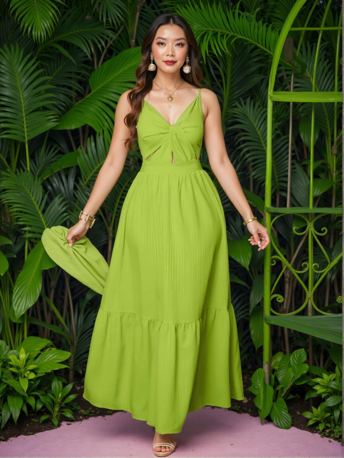Elegant Green Bohemian A-Line Cami Long Dress with Pleated Backless Design for Vacation Getaways "Chic, Classy and Trendy Fashion Style to Dress to Impress" - Image 4