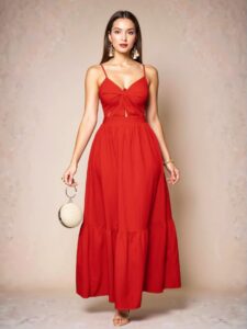 Elegant Red Pleated Backless A-Line Cami Long Dress for Beach Getaways and Summer Events - Chic, Classy and Trendy Fashion Style to Dress to Impress