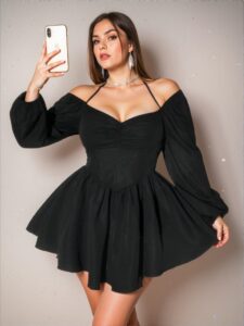 Elegant Black Plus Size Alluring Open Shoulder Long Sleeve Dress Chic, Classy and Trendy Fashion Style to Dress to Impress