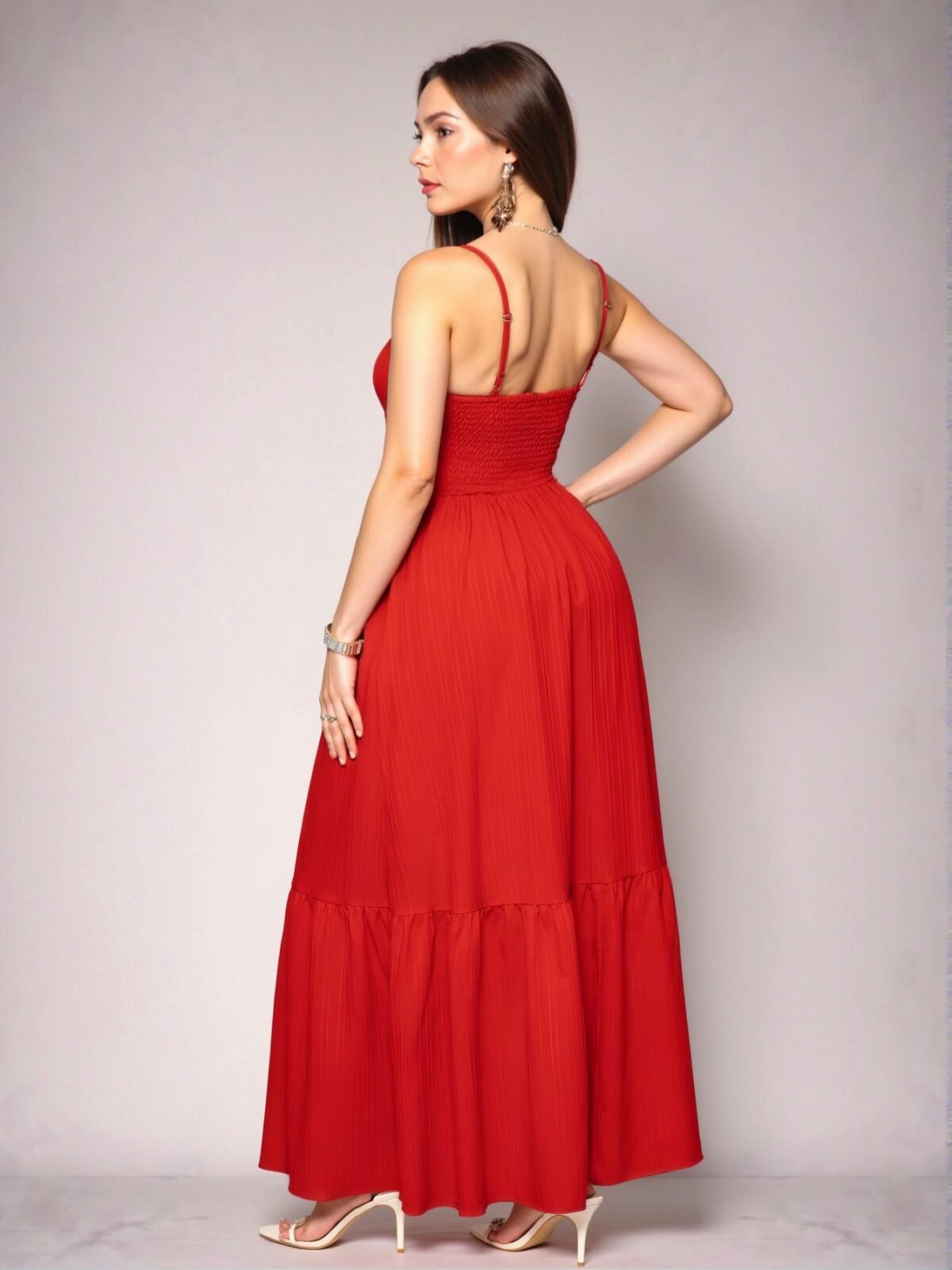 Elegant Red Pleated Backless A-Line Cami Long Dress for Beach Getaways and Summer Events - Chic, Classy and Trendy Fashion Style to Dress to Impress - Image 2