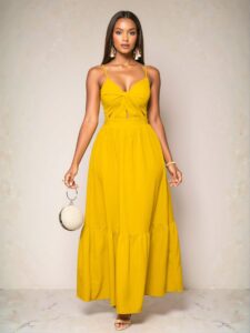 Elegant Yellow Stylish A-Line Cami Long Dress with Pleated Backless Design for Beach Vacations in Spring and Summer - Chic, Classy and Trendy Fashion Style to Dress to Impress