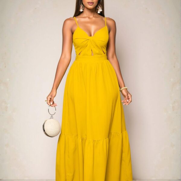 Elegant Yellow Stylish A-Line Cami Long Dress with Pleated Backless Design for Beach Vacations in Spring and Summer - Chic, Classy and Trendy Fashion Style to Dress to Impress