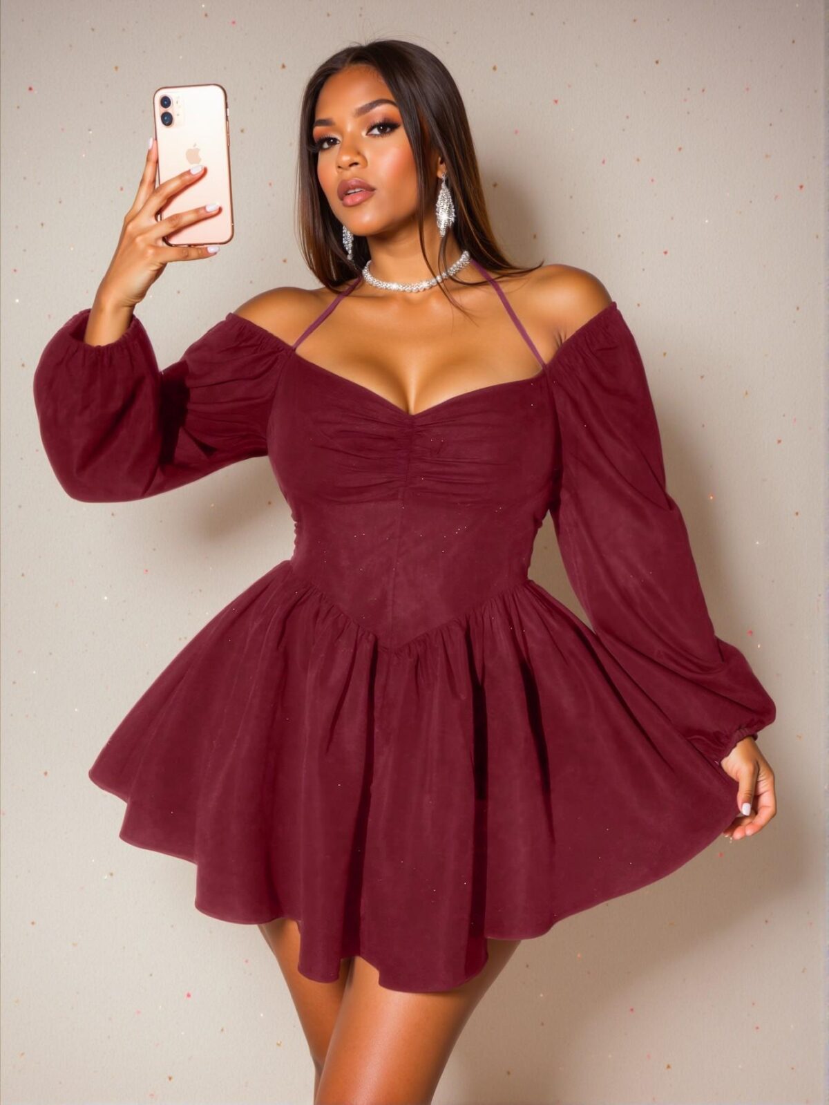 Elegant Burgundy Off-Shoulder Mini Dress with Ruffle Hem and Ruched Details - Chic, Classy and Trendy Fashion Style to Dress to Impress