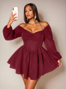 Elegant Burgundy Off-Shoulder Mini Dress with Ruffle Hem and Ruched Details - Chic, Classy and Trendy Fashion Style to Dress to Impress