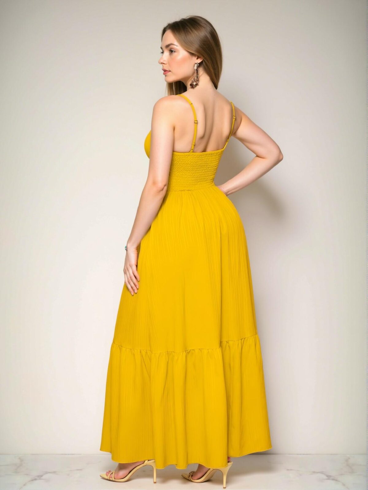 Elegant Yellow Stylish A-Line Cami Long Dress with Pleated Backless Design for Beach Vacations in Spring and Summer - Chic, Classy and Trendy Fashion Style to Dress to Impress - Image 2