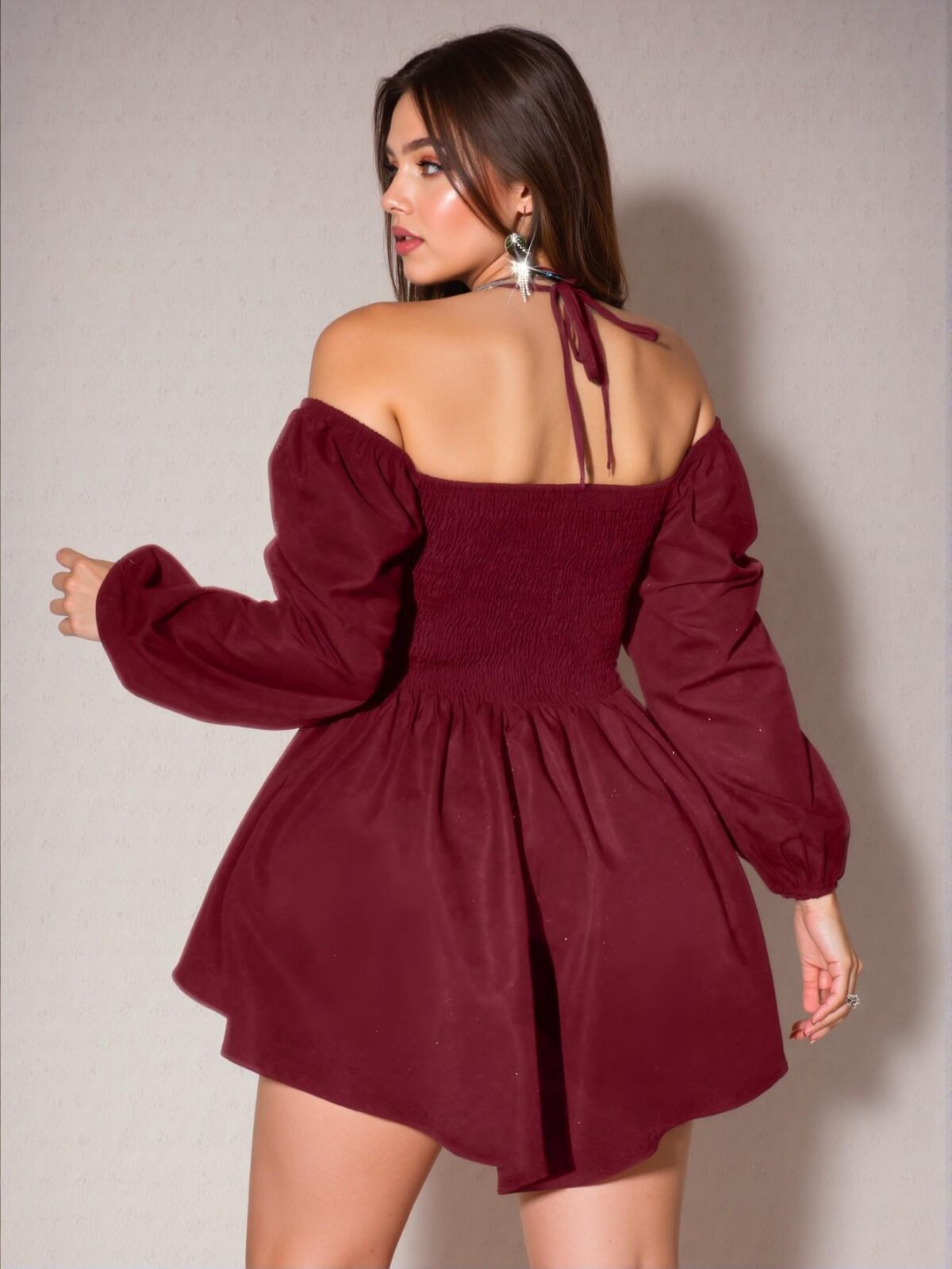 Elegant Burgundy Off-Shoulder Mini Dress with Ruffle Hem and Ruched Details - Chic, Classy and Trendy Fashion Style to Dress to Impress - Image 2
