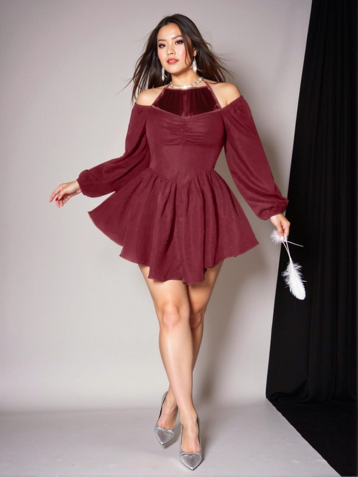 Elegant Burgundy Off-Shoulder Mini Dress with Ruffle Hem and Ruched Details - Chic, Classy and Trendy Fashion Style to Dress to Impress - Image 3