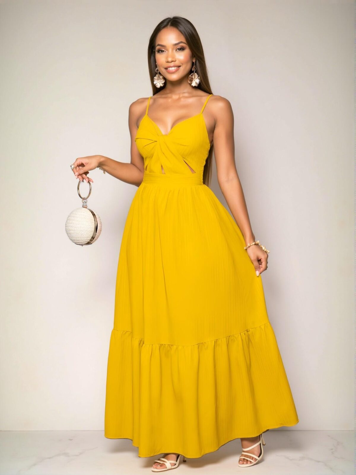 Elegant Yellow Stylish A-Line Cami Long Dress with Pleated Backless Design for Beach Vacations in Spring and Summer - Chic, Classy and Trendy Fashion Style to Dress to Impress - Image 3