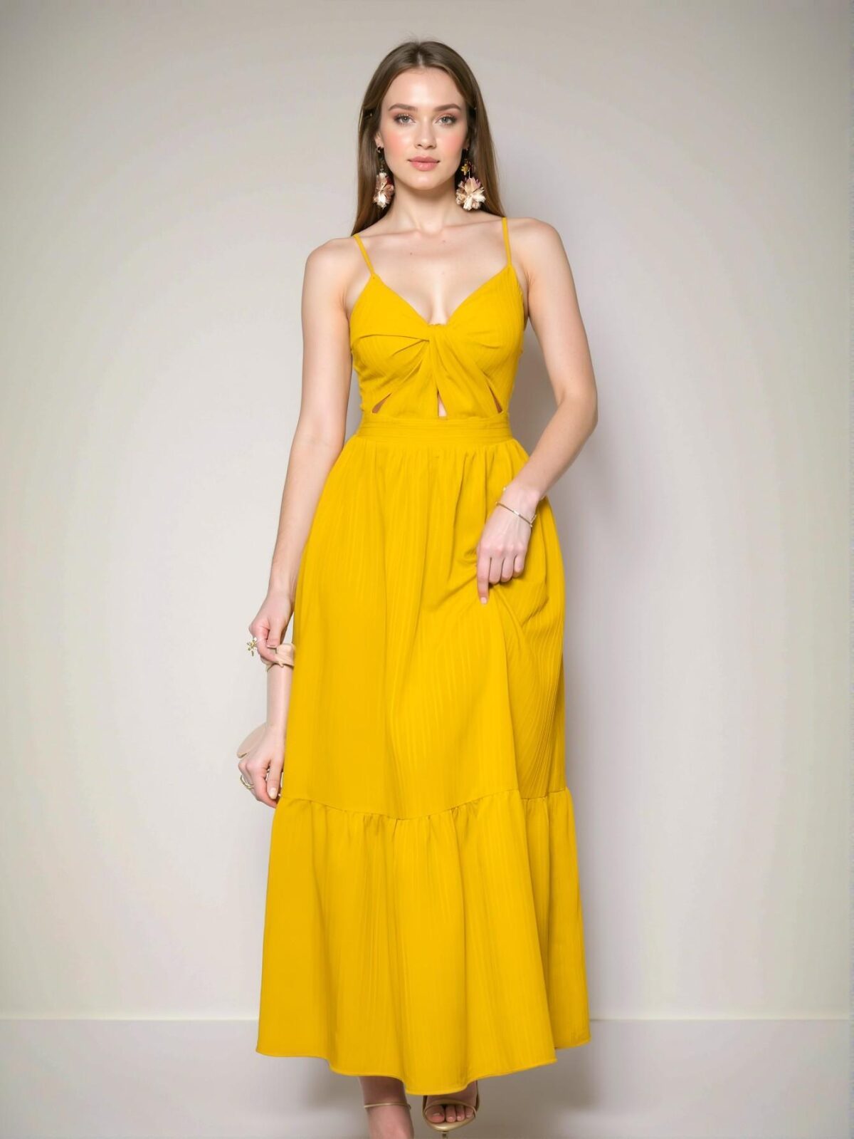 Elegant Yellow Stylish A-Line Cami Long Dress with Pleated Backless Design for Beach Vacations in Spring and Summer - Chic, Classy and Trendy Fashion Style to Dress to Impress - Image 4
