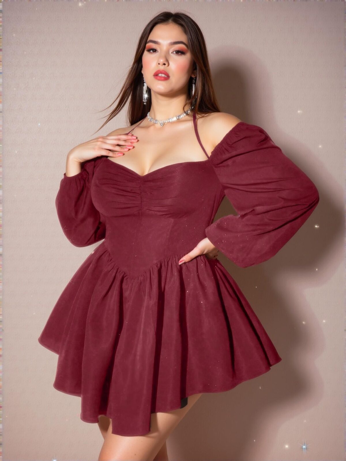 Elegant Burgundy Off-Shoulder Mini Dress with Ruffle Hem and Ruched Details - Chic, Classy and Trendy Fashion Style to Dress to Impress - Image 5