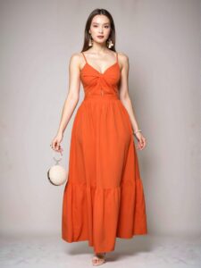 Elegant Burnt Orange Boho V-Neck Pleated Backless Cami Long Dress for Spring and Summer Beach Vacations - Chic, Classy, and Trendy Fashion Style to Dress to Impress