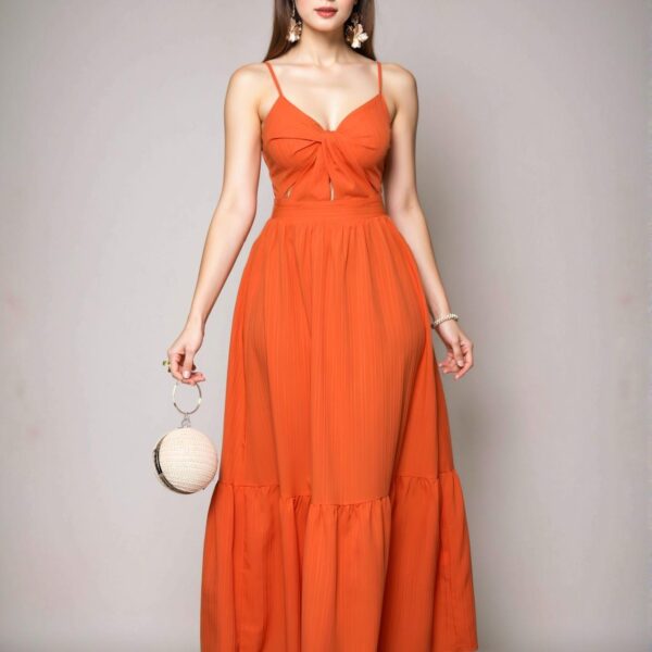 Elegant Burnt Orange Boho V-Neck Pleated Backless Cami Long Dress for Spring and Summer Beach Vacations - Chic, Classy, and Trendy Fashion Style to Dress to Impress
