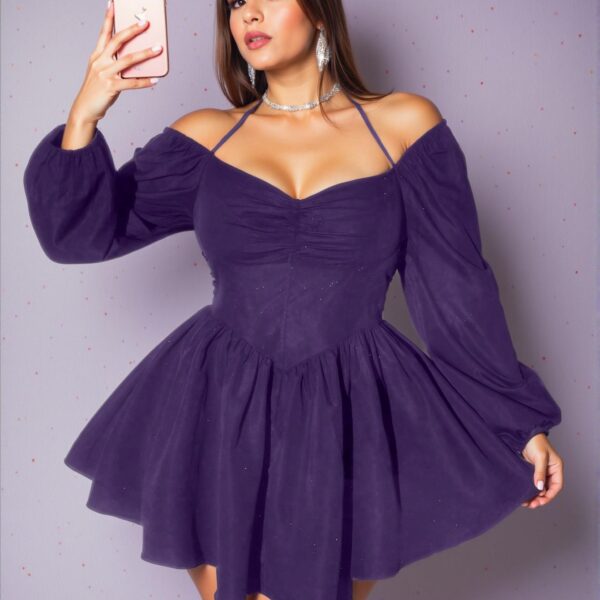 Elegant Purple Off-Shoulder Long Sleeve A-Line Dress with Ruffle Hem – Chic, Classy and Trendy Fashion Style to Dress to Impress