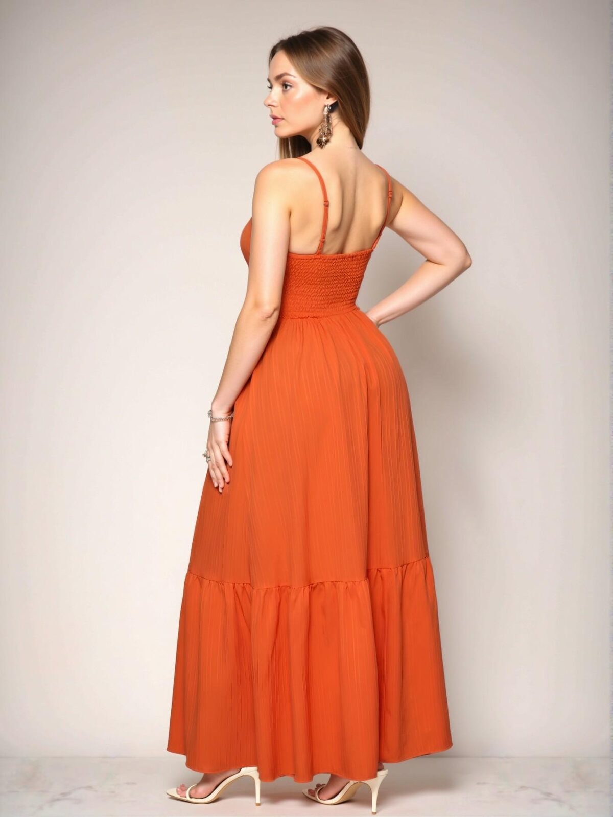 Elegant Burnt Orange Boho V-Neck Pleated Backless Cami Long Dress for Spring and Summer Beach Vacations - Chic, Classy, and Trendy Fashion Style to Dress to Impress - Image 2