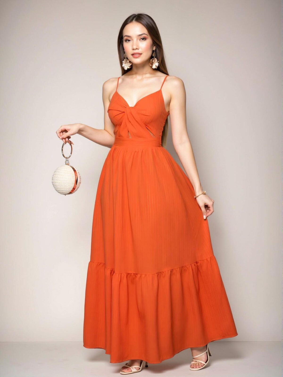 Elegant Burnt Orange Boho V-Neck Pleated Backless Cami Long Dress for Spring and Summer Beach Vacations - Chic, Classy, and Trendy Fashion Style to Dress to Impress - Image 3