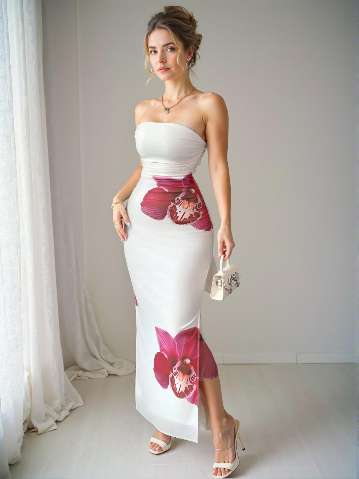 Elegant Apricot Floral Mesh Print Ruched Bodycon Dress Perfect for Spring and Summer Chic, Classy and Trendy Fashion Style to Dress to Impress