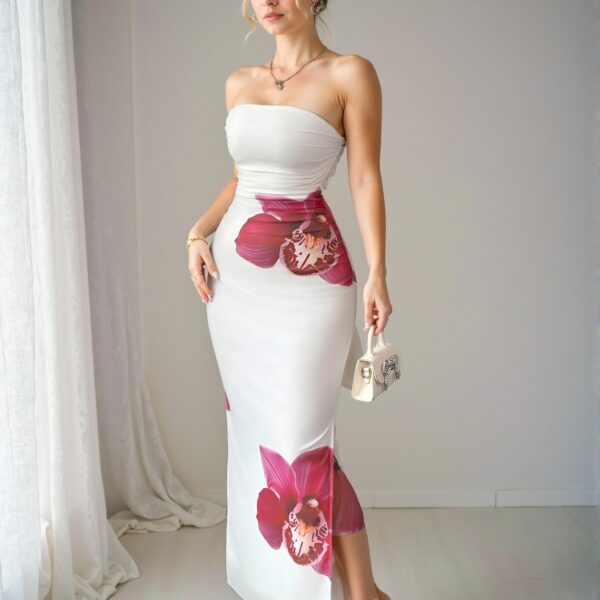 Elegant Apricot Floral Mesh Print Ruched Bodycon Dress Perfect for Spring and Summer Chic, Classy and Trendy Fashion Style to Dress to Impress