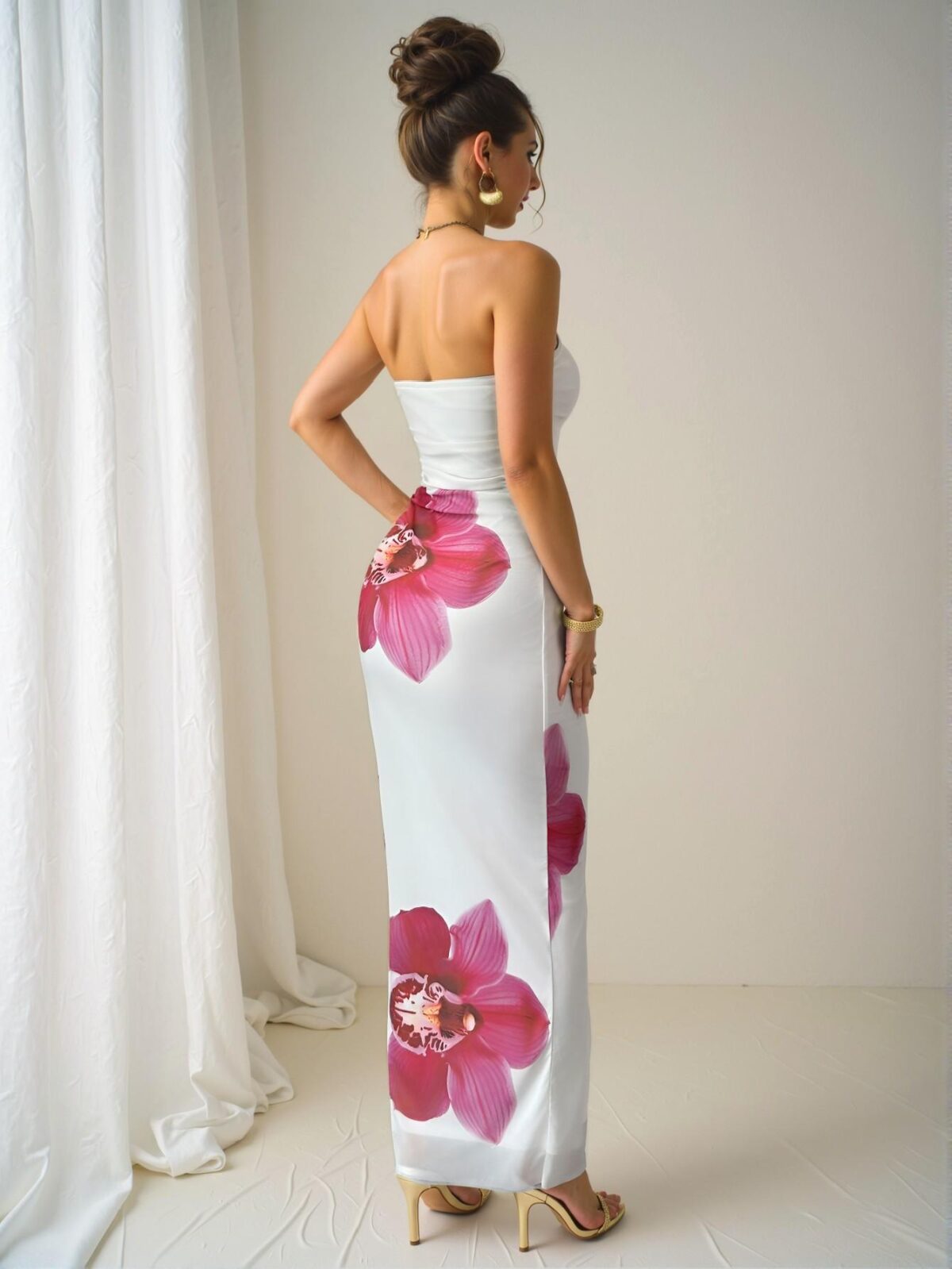 Elegant Apricot Floral Mesh Print Ruched Bodycon Dress Perfect for Spring and Summer Chic, Classy and Trendy Fashion Style to Dress to Impress - Image 2