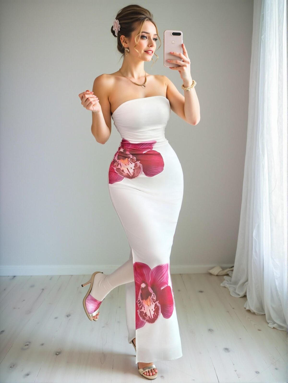 Elegant Apricot Floral Mesh Print Ruched Bodycon Dress Perfect for Spring and Summer Chic, Classy and Trendy Fashion Style to Dress to Impress - Image 3