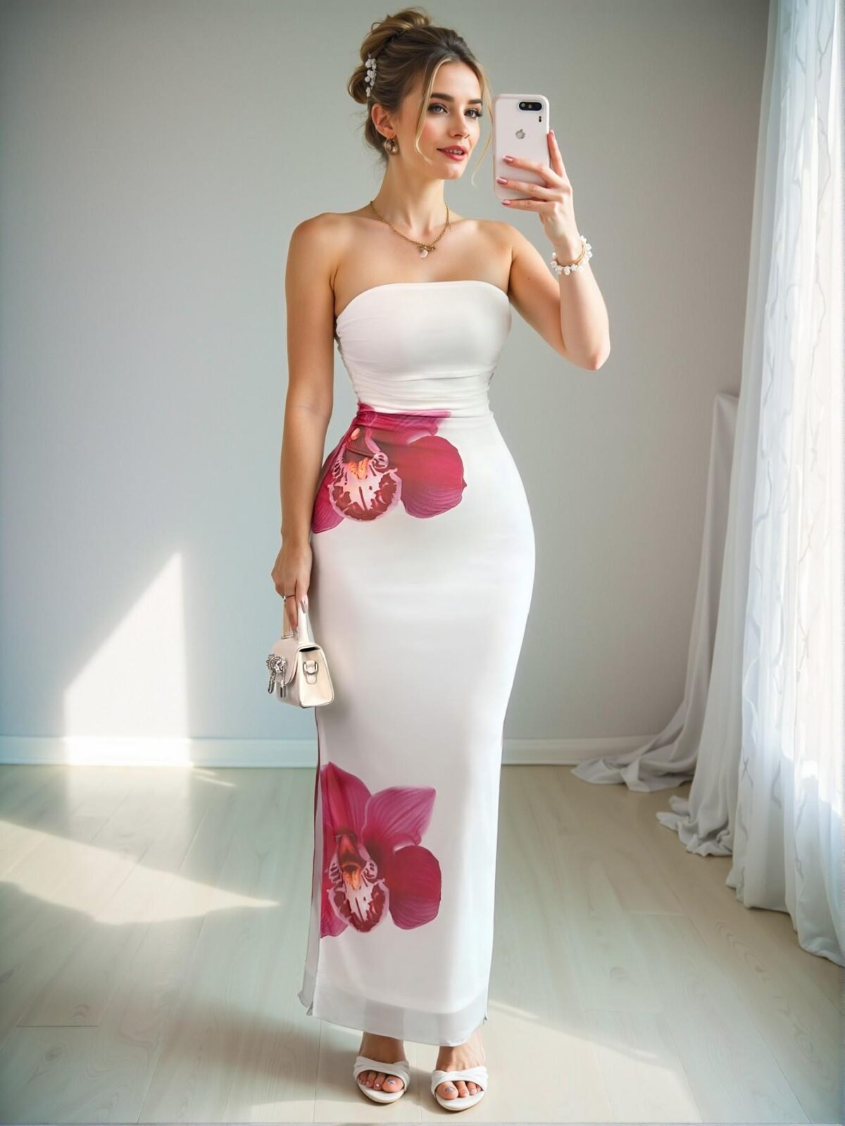 Elegant Apricot Floral Mesh Print Ruched Bodycon Dress Perfect for Spring and Summer Chic, Classy and Trendy Fashion Style to Dress to Impress - Image 5