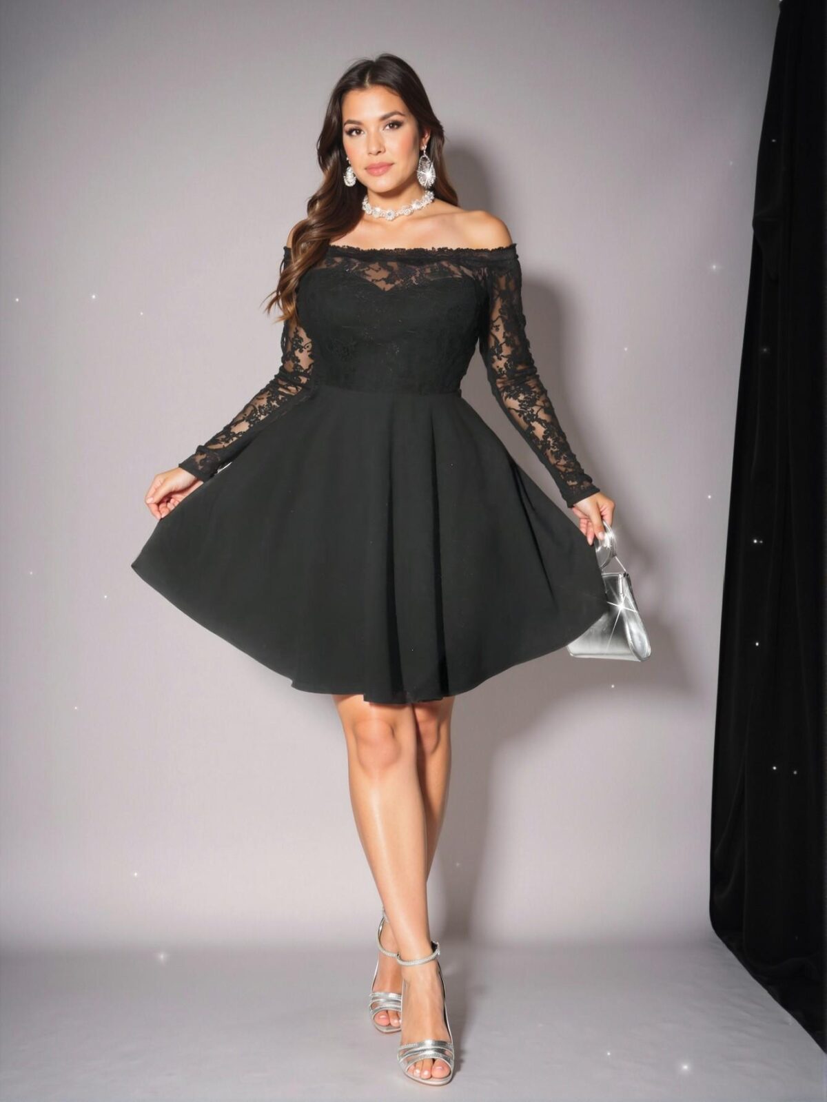 Elegant Black Off-Shoulder Lace Mini Dress with Ruffle Trim for a Chic, Classy and Trendy Fashion Style to Dress to Impress - Image 3
