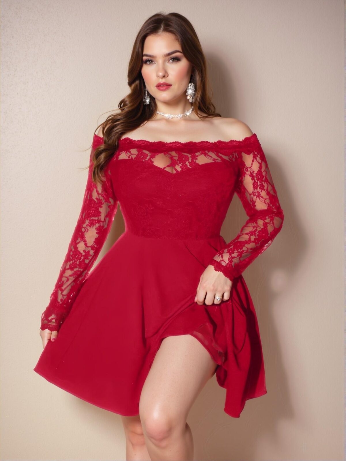 Elegant Burgundy Flared High Waist Dress with Contrast Lace and Zipper Detailing for Summer Chic, Classy and Trendy Fashion Style to Dress to Impress