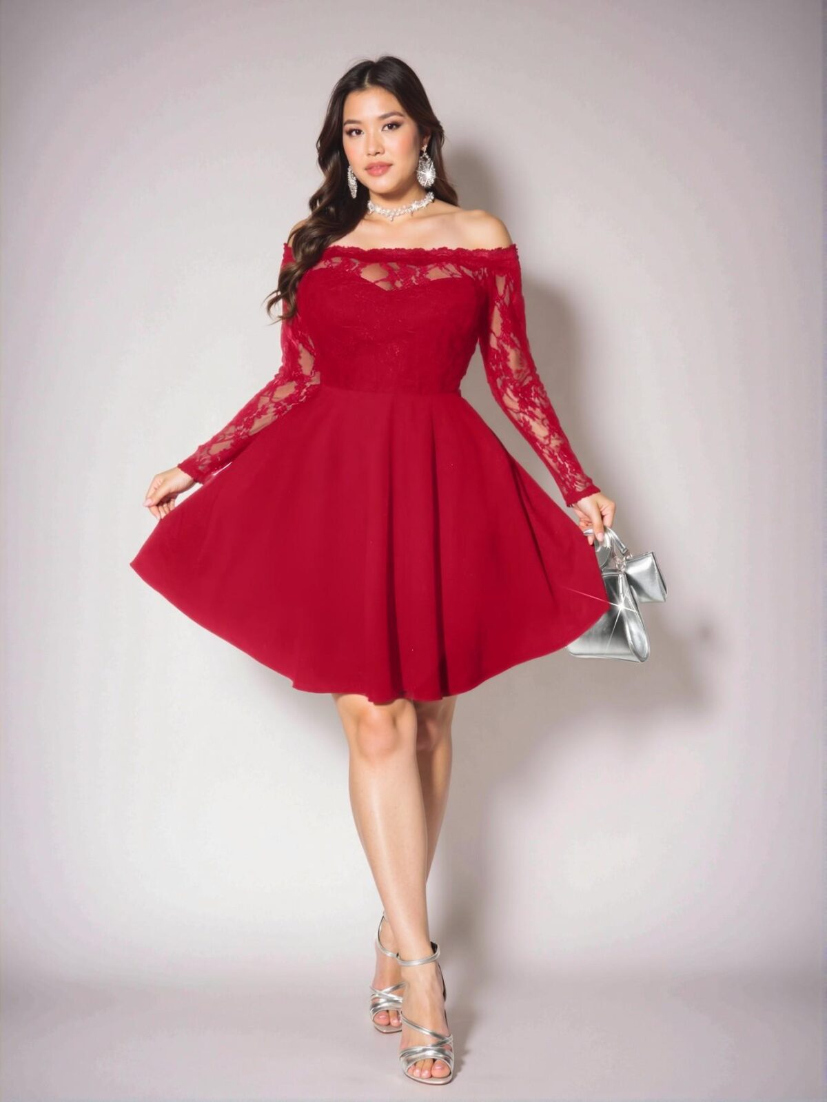 Elegant Burgundy Flared High Waist Dress with Contrast Lace and Zipper Detailing for Summer Chic, Classy and Trendy Fashion Style to Dress to Impress - Image 3