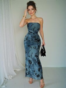 Elegant Blue Strapless Floral Print Bodycon Midi Dress for Spring and Summer - Chic, Classy and Trendy Fashion Style to Dress to Impress