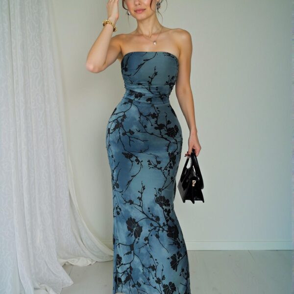 Elegant Blue Strapless Floral Print Bodycon Midi Dress for Spring and Summer - Chic, Classy and Trendy Fashion Style to Dress to Impress
