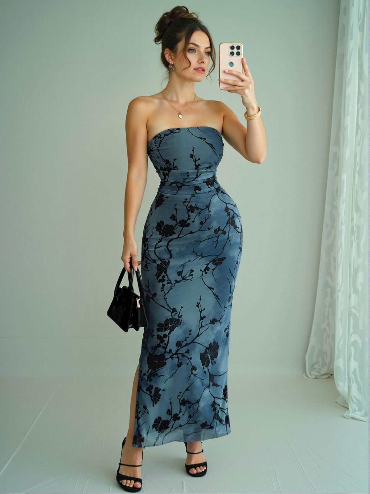 Elegant Blue Strapless Floral Print Bodycon Midi Dress for Spring and Summer - Chic, Classy and Trendy Fashion Style to Dress to Impress - Image 2