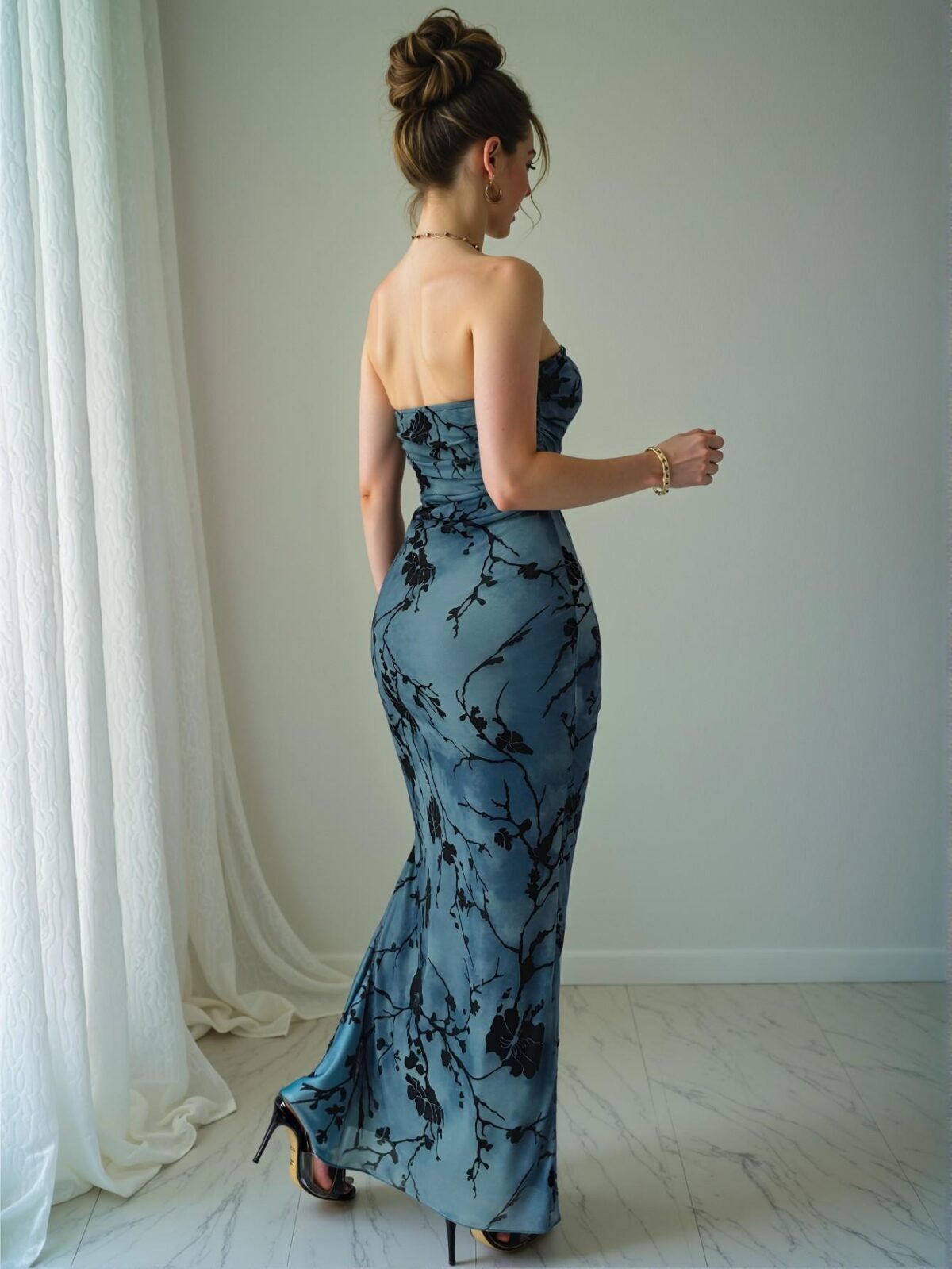 Elegant Blue Strapless Floral Print Bodycon Midi Dress for Spring and Summer - Chic, Classy and Trendy Fashion Style to Dress to Impress - Image 3