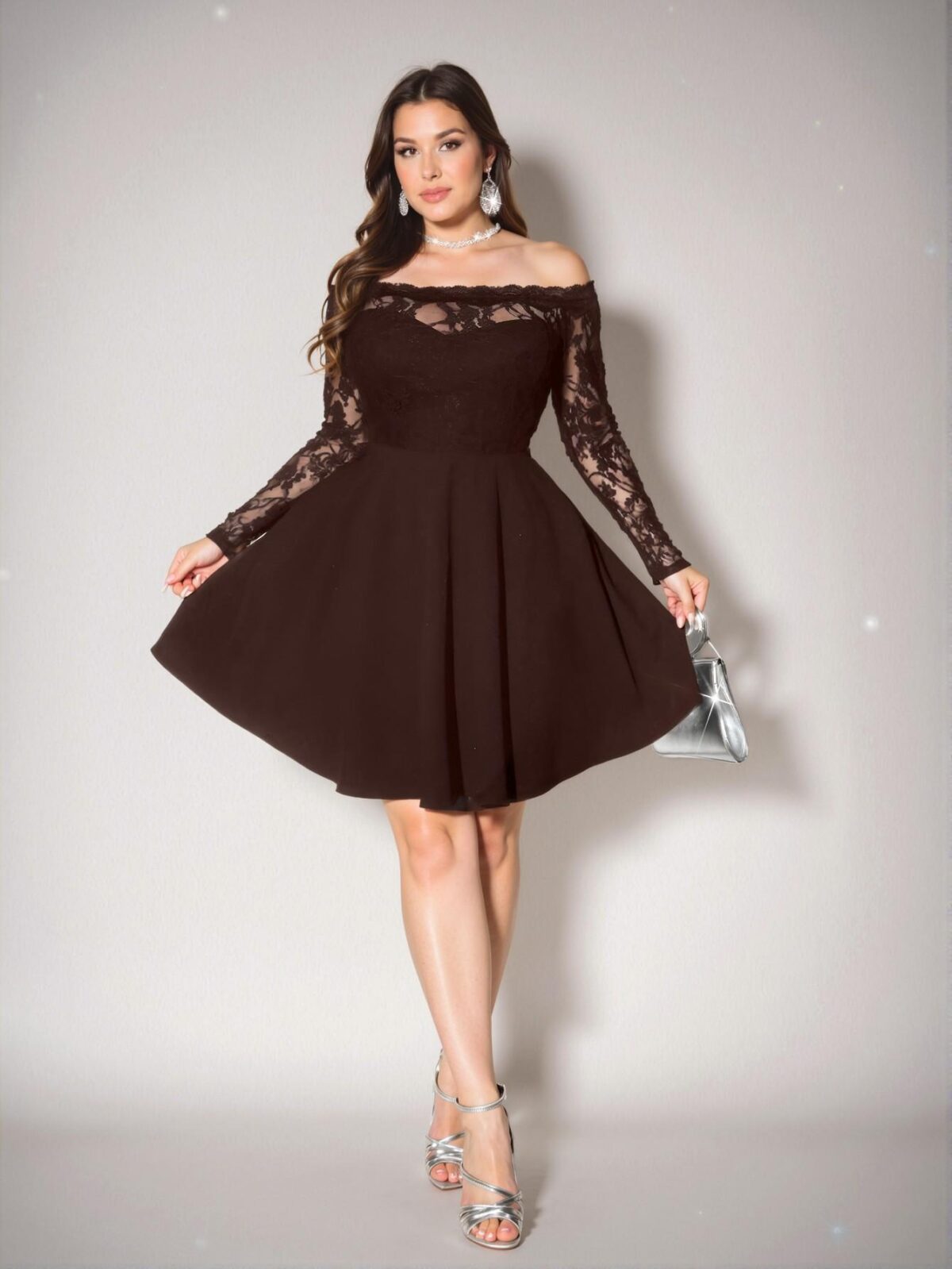 Elegant Coffee Brown Flared A-Line Lace Dress with a Touch of Flair for Summer Chic, Classy and Trendy Fashion Style to Dress to Impress - Image 3