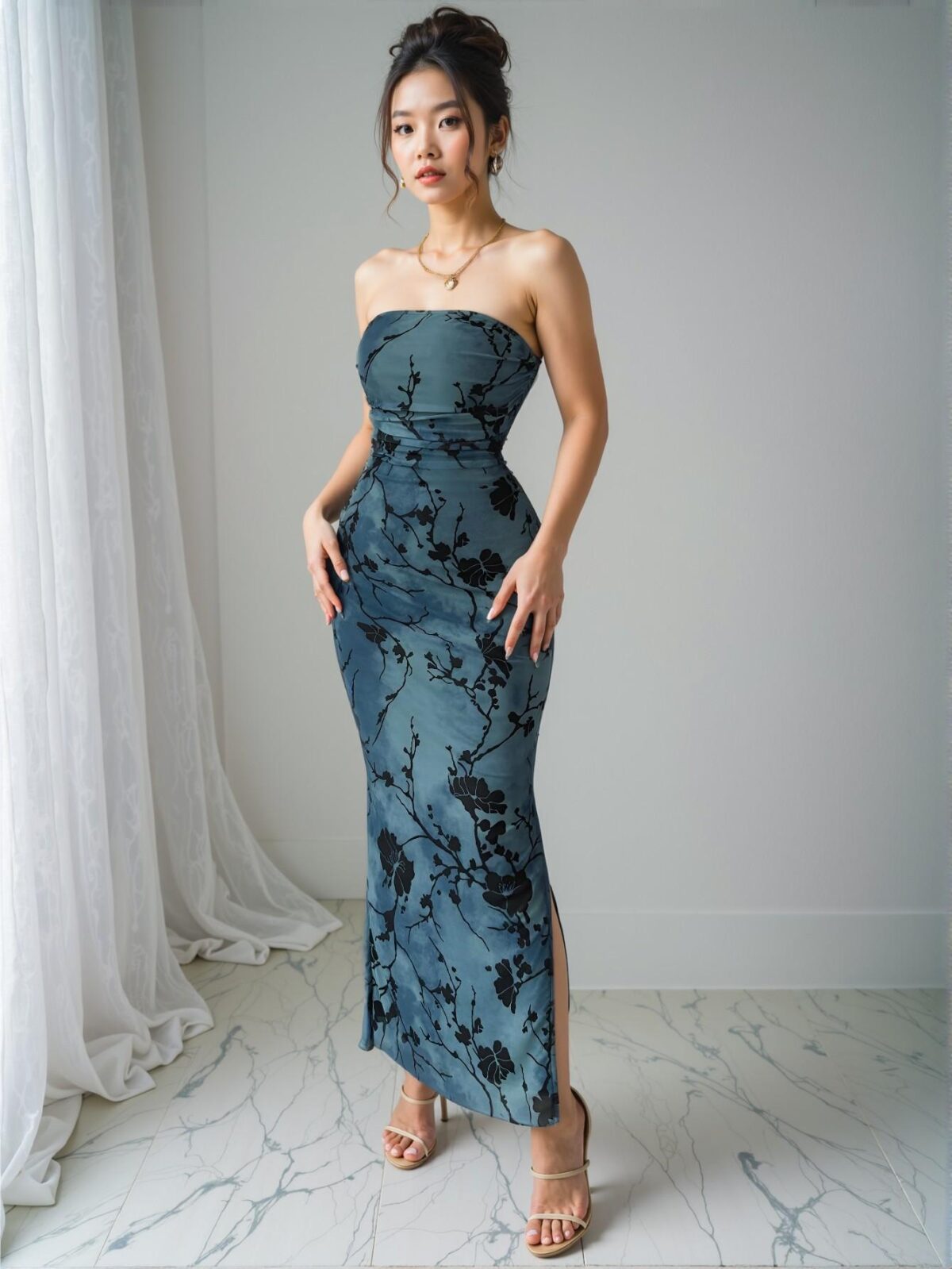 Elegant Blue Strapless Floral Print Bodycon Midi Dress for Spring and Summer - Chic, Classy and Trendy Fashion Style to Dress to Impress - Image 5