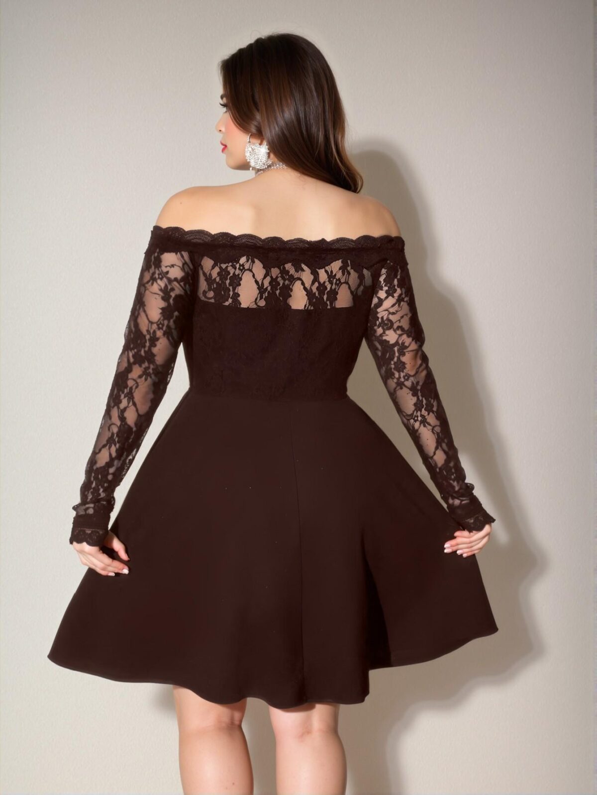 Elegant Coffee Brown Flared A-Line Lace Dress with a Touch of Flair for Summer Chic, Classy and Trendy Fashion Style to Dress to Impress - Image 5