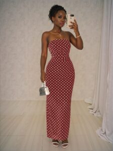 Elegant Burgundy Mermaid Ruched Waist Polka Dot Mesh Bustier Dress for Spring and Summer - Chic, Classy and Trendy Fashion Style to Dress to Impress