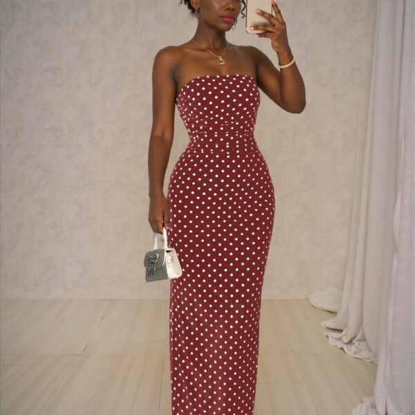 Elegant Burgundy Mermaid Ruched Waist Polka Dot Mesh Bustier Dress for Spring and Summer - Chic, Classy and Trendy Fashion Style to Dress to Impress