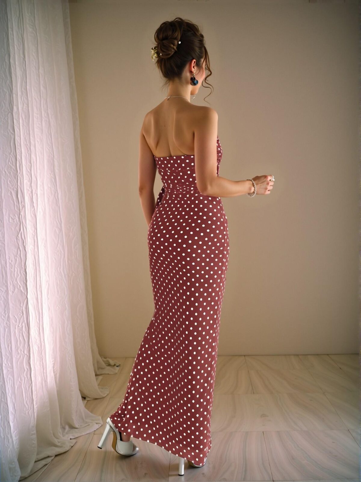 Elegant Burgundy Mermaid Ruched Waist Polka Dot Mesh Bustier Dress for Spring and Summer - Chic, Classy and Trendy Fashion Style to Dress to Impress - Image 2